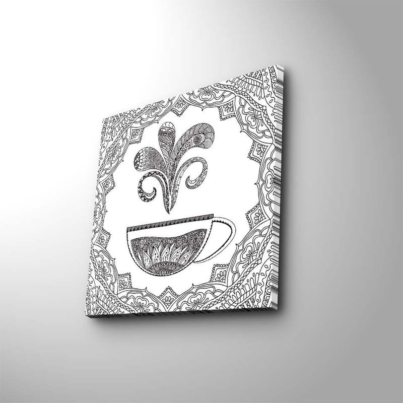 Lærredstryk 45x45 cm - Detaljeret illustration af en kaffekop med dampende mønster, Sort / Hvid