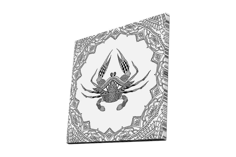 Lærredstryk 45x45 cm - Detaljeret illustration af en krabbe omgivet af ornamentale mønstre, Sort / Hvid