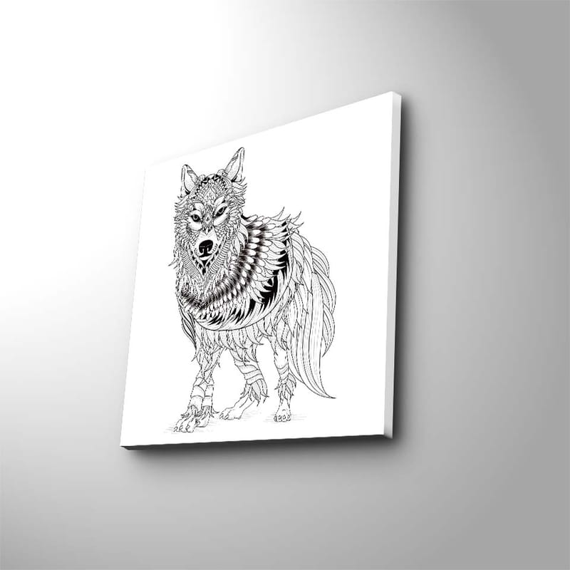 Lærredstryk 45x45 cm - Detaljeret illustration af en ulv med fjer og ornamentale mønstre - Sort / Hvid - Boligtilbehør - Billeder & kunst - Billeder på lærred