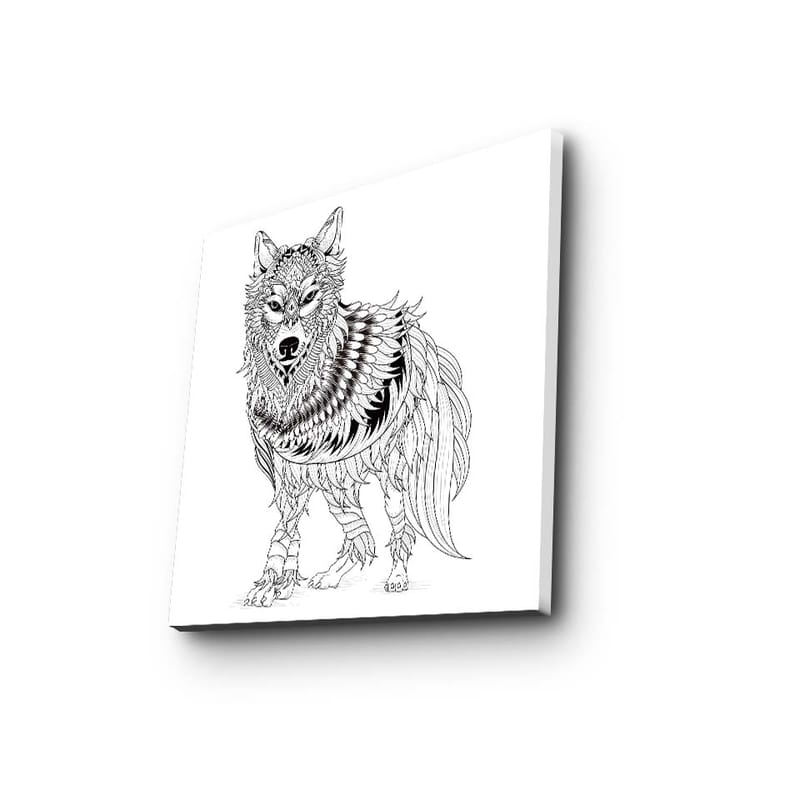 Lærredstryk 45x45 cm - Detaljeret illustration af en ulv med fjer og ornamentale mønstre - Sort / Hvid - Boligtilbehør - Billeder & kunst - Billeder på lærred