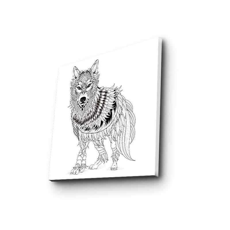 Lærredstryk 45x45 cm - Detaljeret illustration af en ulv med fjer og ornamentale mønstre - Sort / Hvid - Boligtilbehør - Billeder & kunst - Billeder på lærred