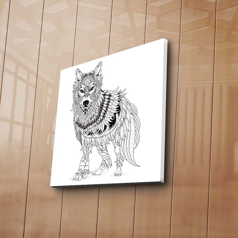 Lærredstryk 45x45 cm - Detaljeret illustration af en ulv med fjer og ornamentale mønstre - Sort / Hvid - Boligtilbehør - Billeder & kunst - Billeder på lærred