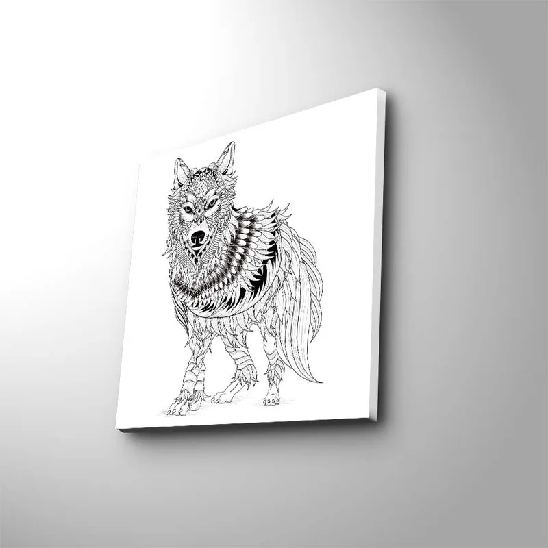 Lærredstryk 45x45 cm - Detaljeret illustration af en ulv med fjer og ornamentale mønstre, Sort / Hvid