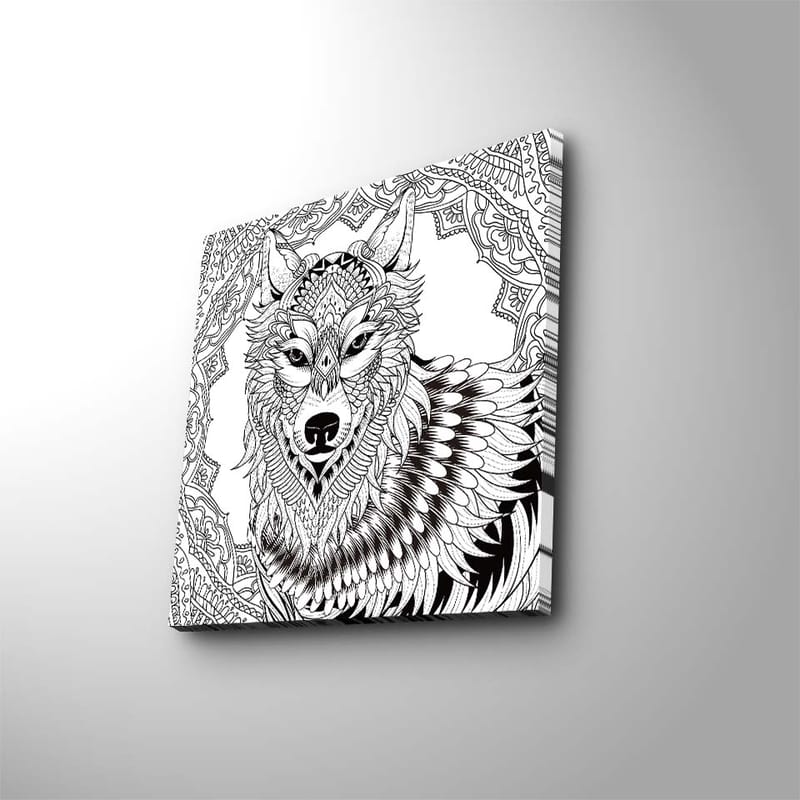 Lærredstryk 45x45 cm - Detaljeret illustration af en ulv med ornamentale mønstre, Sort / Hvid