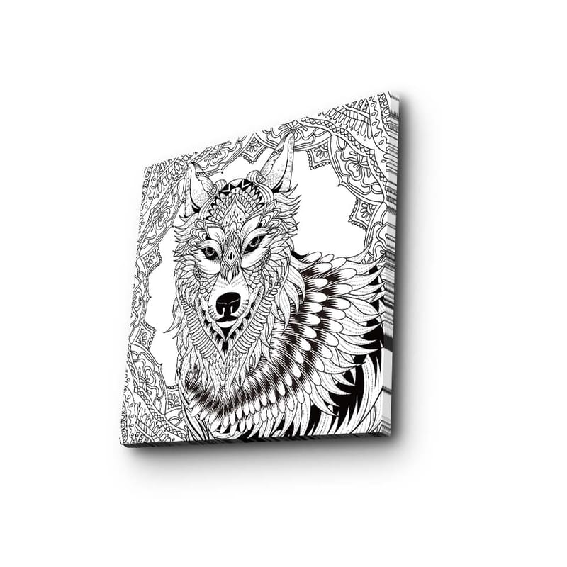 Lærredstryk 45x45 cm - Detaljeret illustration af en ulv med ornamentale mønstre - Sort / Hvid - Boligtilbehør - Billeder & kunst - Billeder på lærred