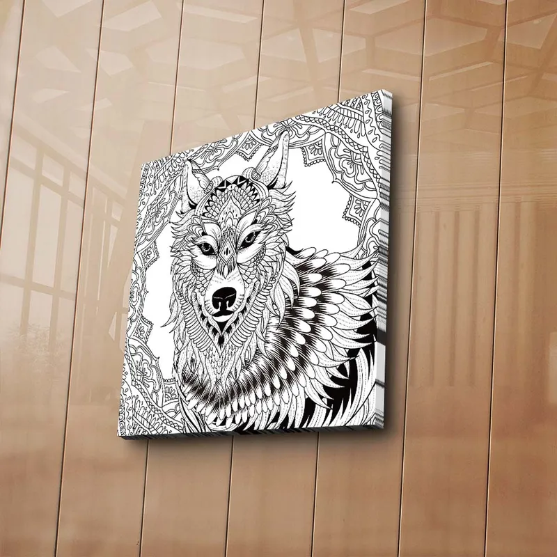 Lærredstryk 45x45 cm - Detaljeret illustration af en ulv med ornamentale mønstre - Sort / Hvid - Boligtilbehør - Billeder & kunst - Billeder på lærred