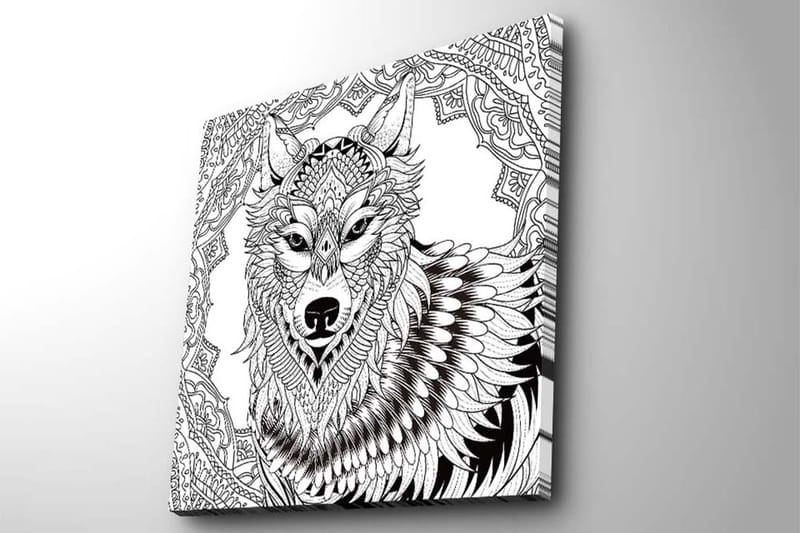 Lærredstryk 45x45 cm - Detaljeret illustration af en ulv med ornamentale mønstre - Sort / Hvid - Boligtilbehør - Billeder & kunst - Billeder på lærred