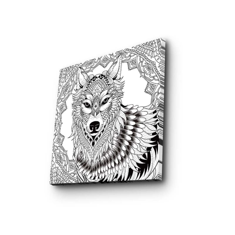 Lærredstryk 45x45 cm - Detaljeret illustration af en ulv med ornamentale mønstre - Sort / Hvid - Boligtilbehør - Billeder & kunst - Billeder på lærred
