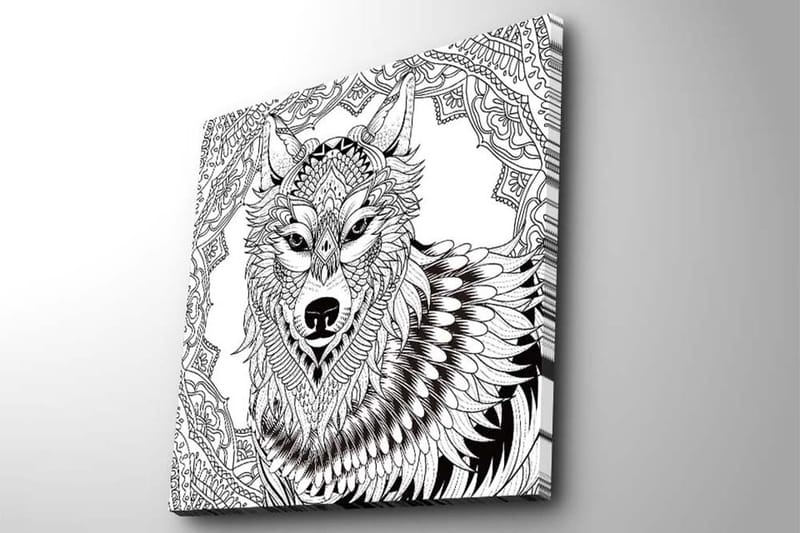 Lærredstryk 45x45 cm - Detaljeret illustration af en ulv med ornamentale mønstre - Sort / Hvid - Boligtilbehør - Billeder & kunst - Billeder på lærred
