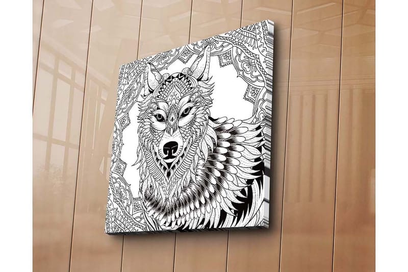 Lærredstryk 45x45 cm - Detaljeret illustration af en ulv med ornamentale mønstre, Sort / Hvid