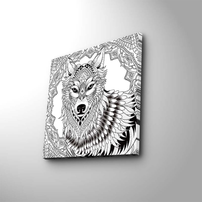 Lærredstryk 45x45 cm - Detaljeret illustration af en ulv med ornamentale mønstre, Sort / Hvid