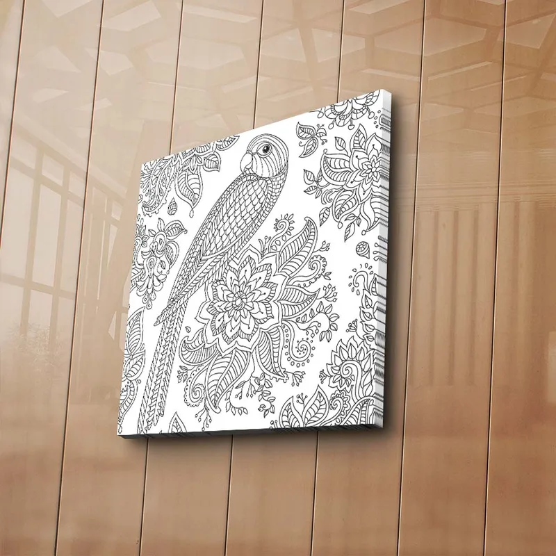 Lærredstryk 45x45 cm - Detaljeret illustration af en papegøje omgivet af blomster og mønstre, Sort / Hvid