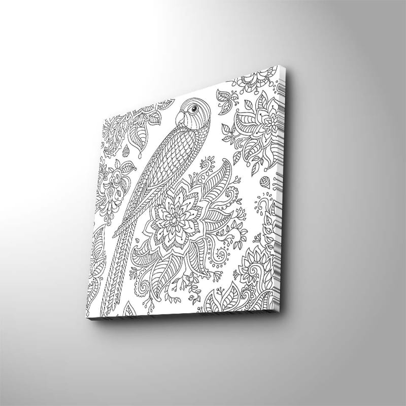 Lærredstryk 45x45 cm - Detaljeret illustration af en papegøje omgivet af blomster og mønstre - Sort / Hvid - Boligtilbehør - Billeder & kunst - Billeder på lærred