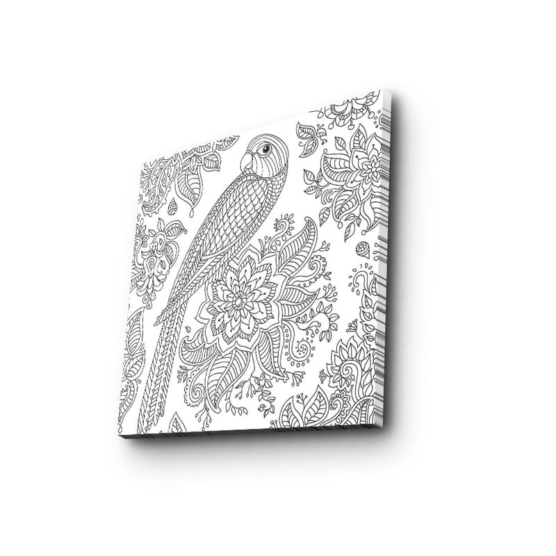 Lærredstryk 45x45 cm - Detaljeret illustration af en papegøje omgivet af blomster og mønstre - Sort / Hvid - Boligtilbehør - Billeder & kunst - Billeder på lærred