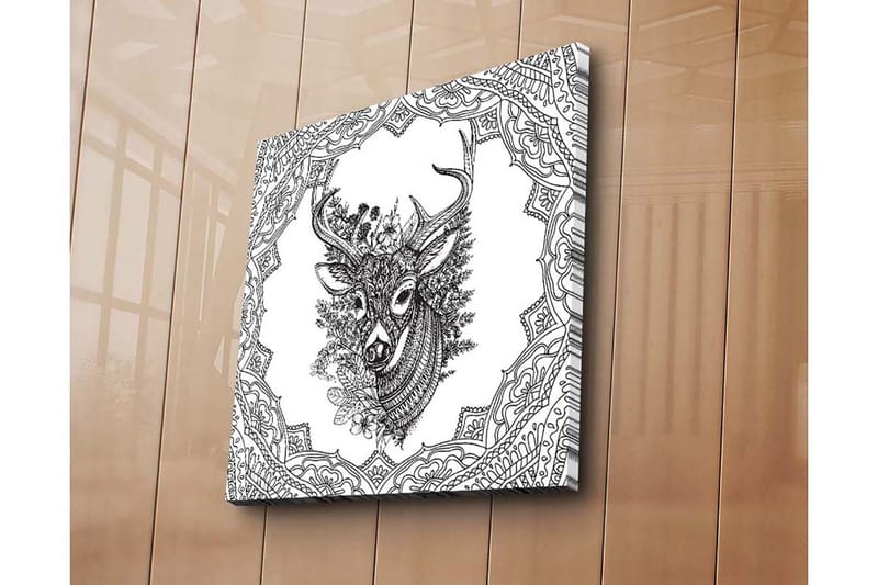 Lærredstryk 45x45 cm - Detaljeret illustration af et hjortehoved omgivet af ornamentale mønstre - Sort / Hvid - Boligtilbehør - Billeder & kunst - Billeder på lærred
