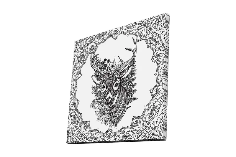 Lærredstryk 45x45 cm - Detaljeret illustration af et hjortehoved omgivet af ornamentale mønstre, Sort / Hvid