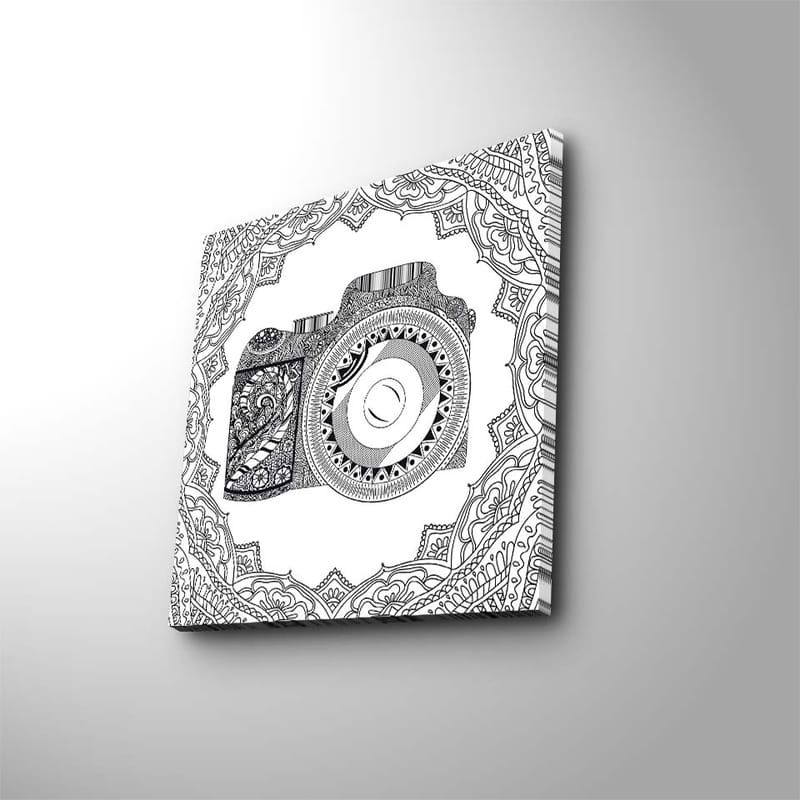 Lærredstryk 45x45 cm - Detaljeret illustration af et kamera omgivet af ornamentale mønstre - Sort / Hvid - Boligtilbehør - Billeder & kunst - Billeder på lærred