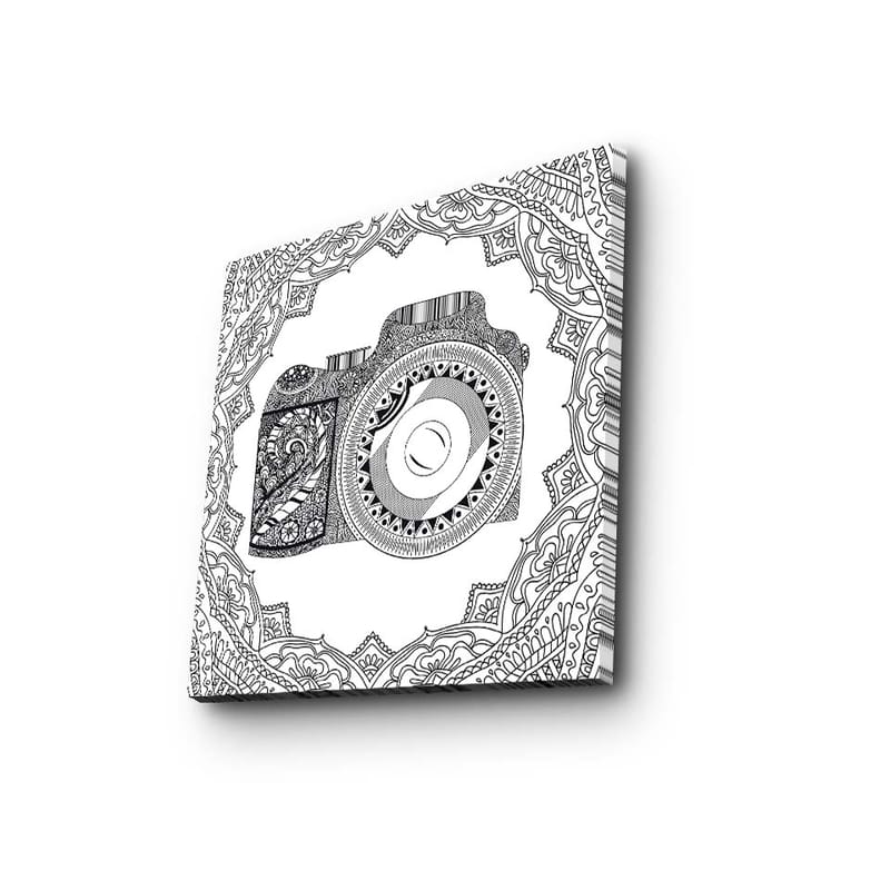 Lærredstryk 45x45 cm - Detaljeret illustration af et kamera omgivet af ornamentale mønstre - Sort / Hvid - Boligtilbehør - Billeder & kunst - Billeder på lærred