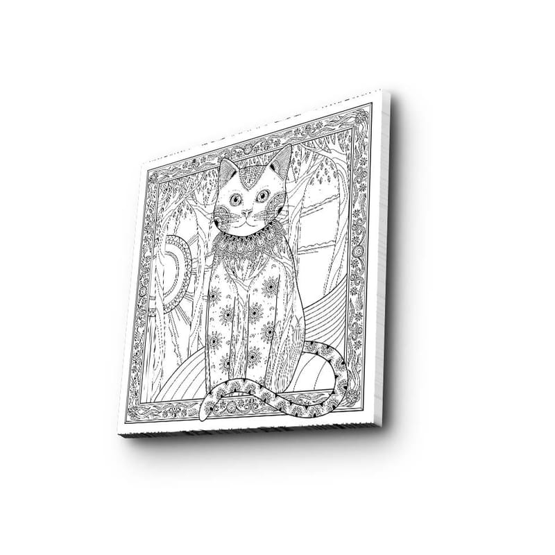 Lærredstryk 45x45 cm - Detaljeret kat med mønstre og ornamenter, Sort / Hvid