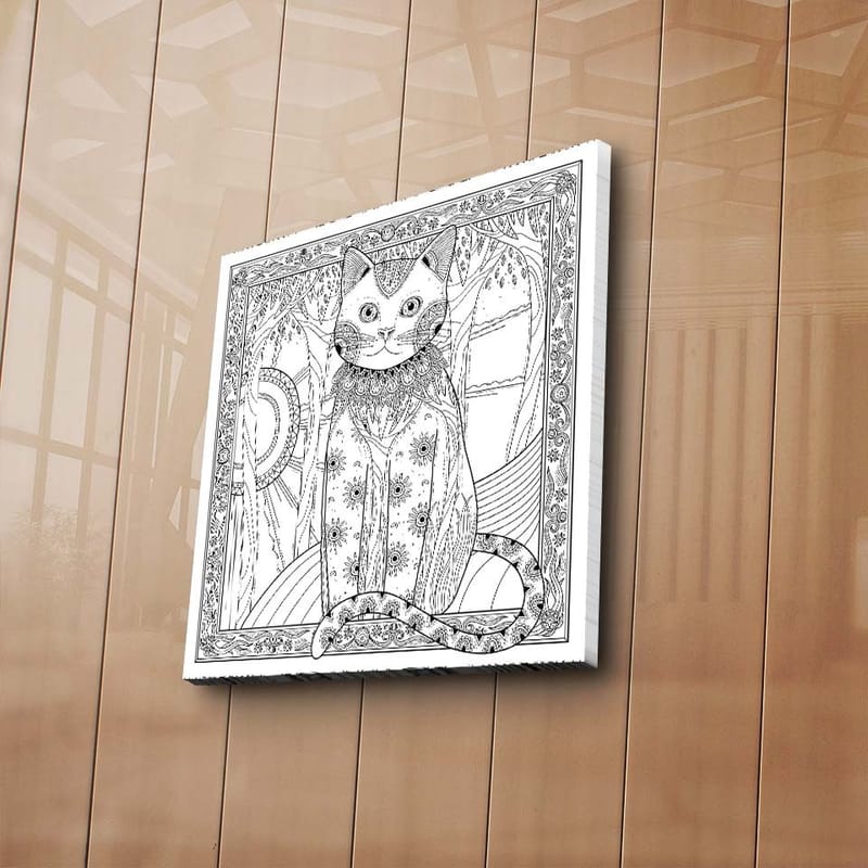 Lærredstryk 45x45 cm - Detaljeret kat med mønstre og ornamenter - Sort / Hvid - Boligtilbehør - Billeder & kunst - Billeder på lærred