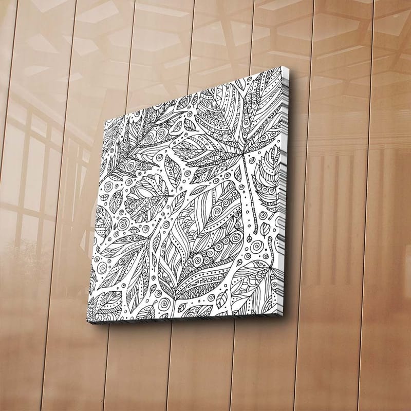 Lærredstryk 45x45 cm - Detaljeret komposition af blade med mønstre og linjer - Sort / Hvid - Boligtilbehør - Billeder & kunst - Billeder på lærred