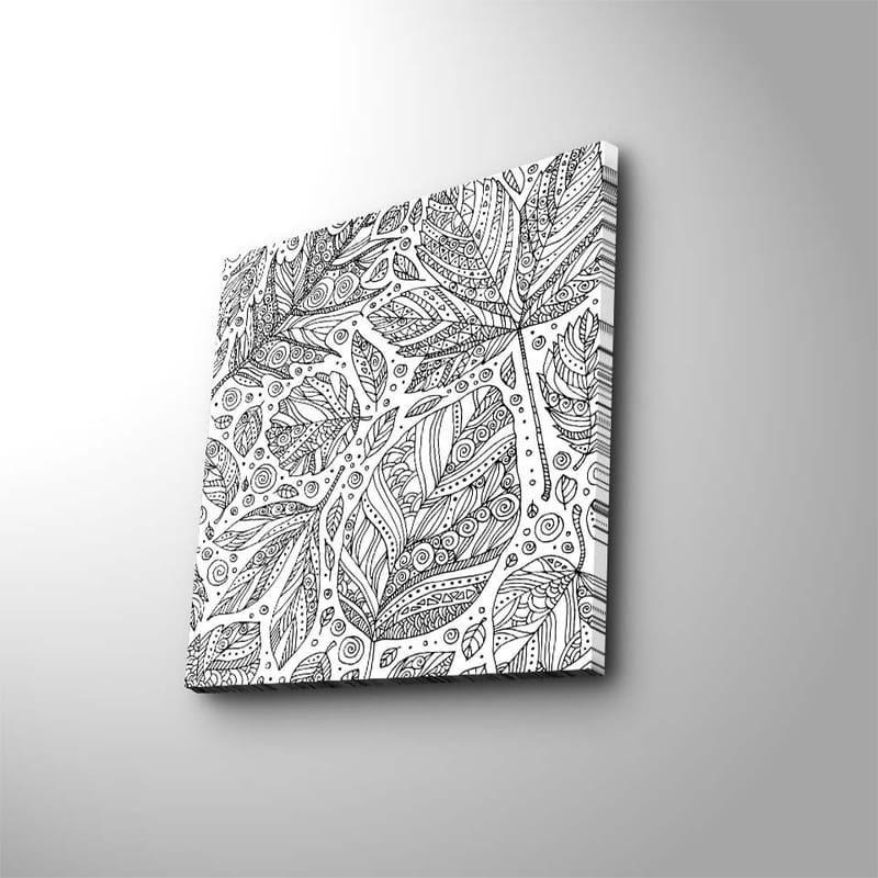 Lærredstryk 45x45 cm - Detaljeret komposition af blade med mønstre og linjer, Sort / Hvid