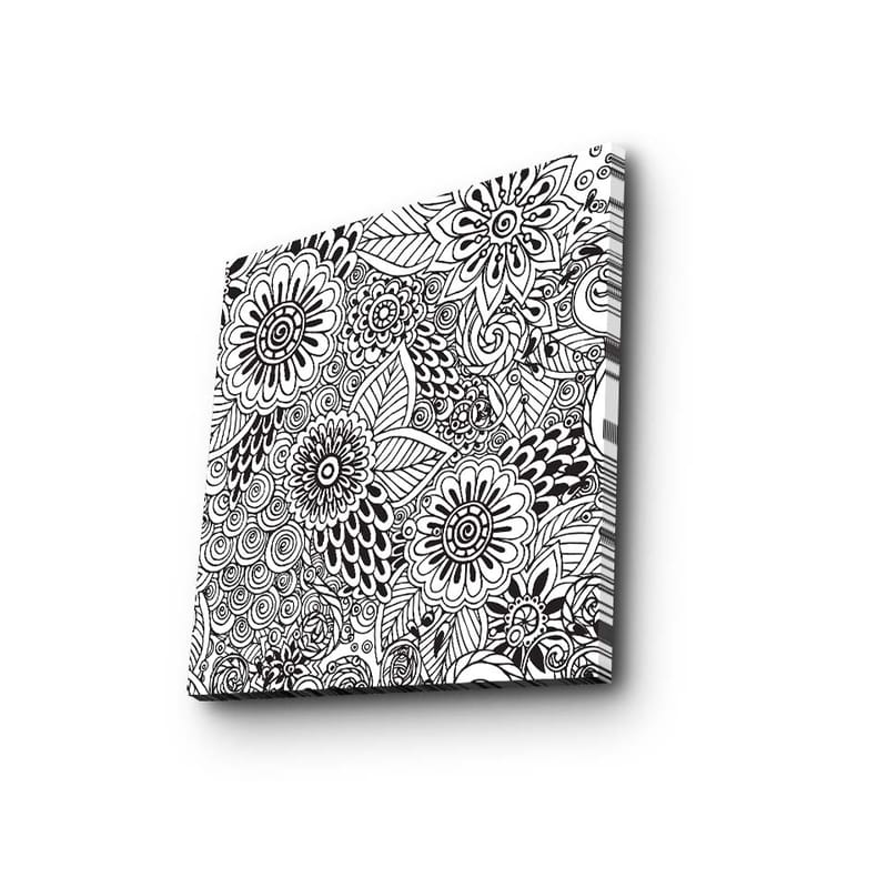 Lærredstryk 45x45 cm - Detaljeret komposition af blomster og spiraler, Sort / Hvid