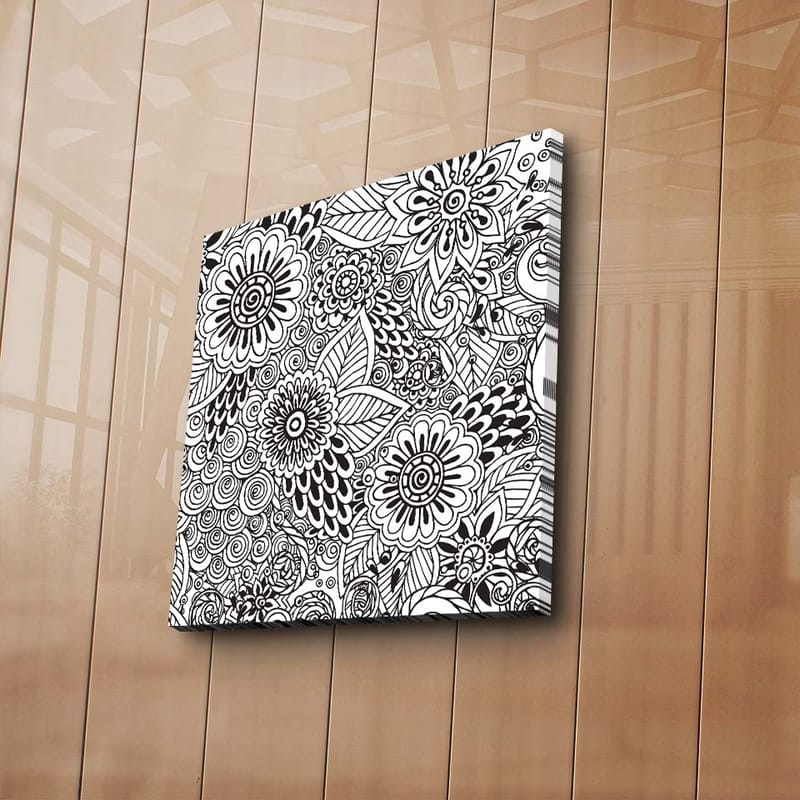 Lærredstryk 45x45 cm - Detaljeret komposition af blomster og spiraler - Sort / Hvid - Boligtilbehør - Billeder & kunst - Billeder på lærred