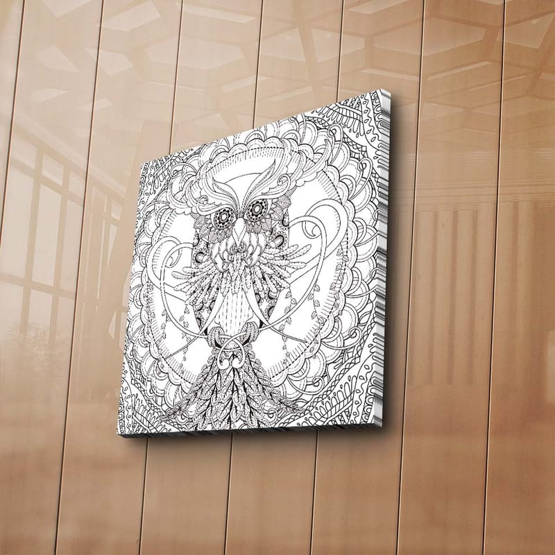 Lærredstryk 45x45 cm - Detaljeret og stiliseret ugle omgivet af ornamentale mønstre - Sort / Hvid - Boligtilbehør - Billeder & kunst - Billeder på lærred