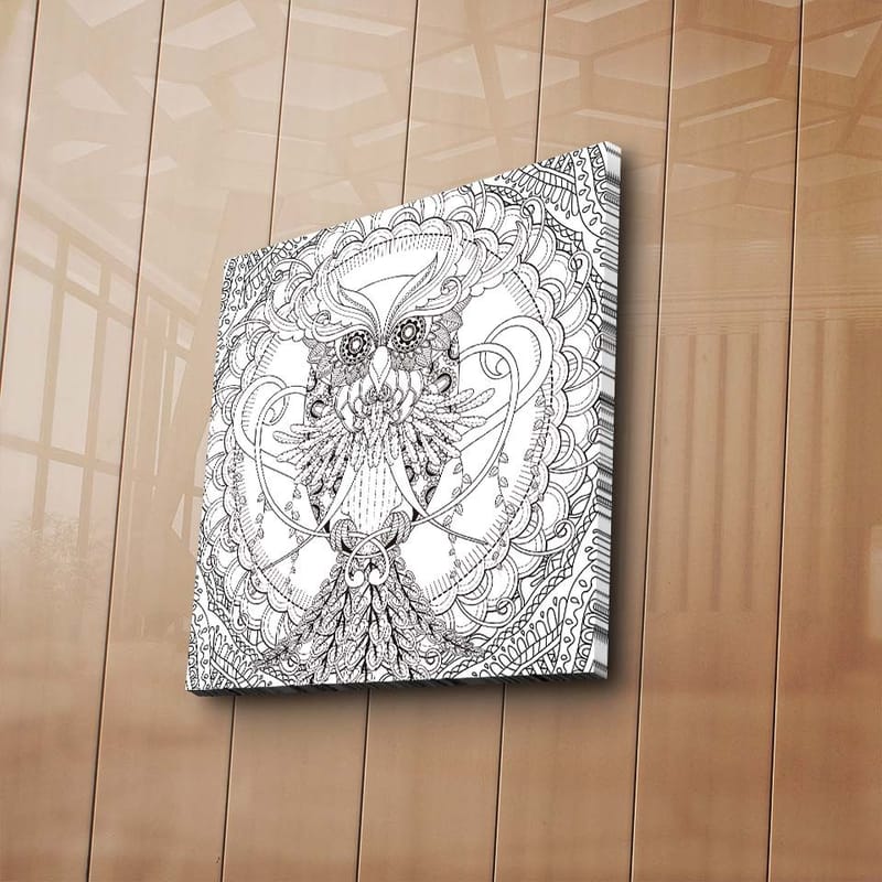 Lærredstryk 45x45 cm - Detaljeret og stiliseret ugle omgivet af ornamentale mønstre - Sort / Hvid - Boligtilbehør - Billeder & kunst - Billeder på lærred