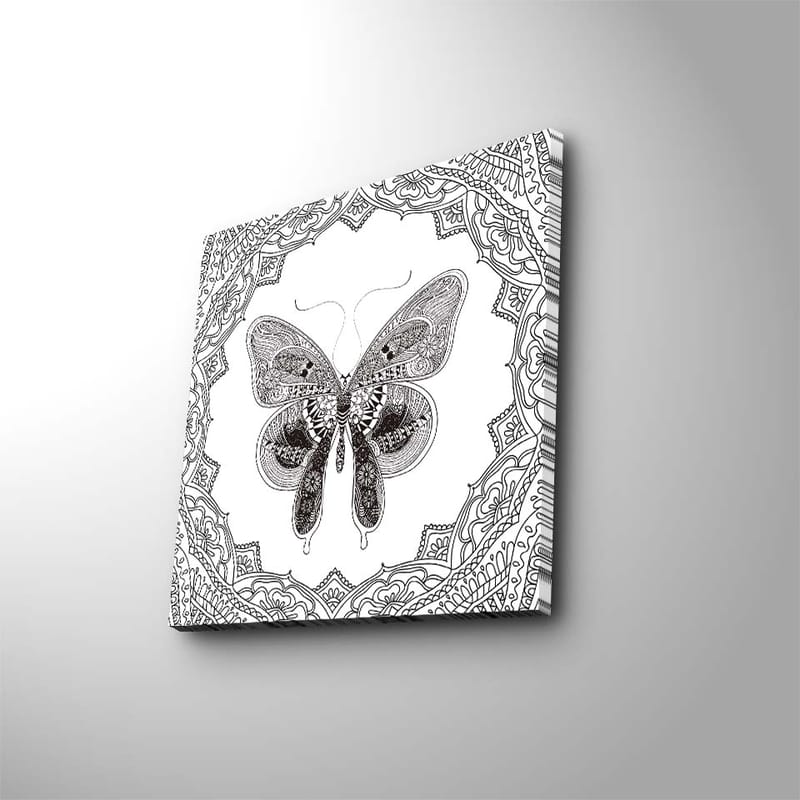 Lærredstryk 45x45 cm - Detaljeret sommerfugl i sort-hvid med ornamentale mønstre - Sort / Hvid - Boligtilbehør - Billeder & kunst - Billeder på lærred