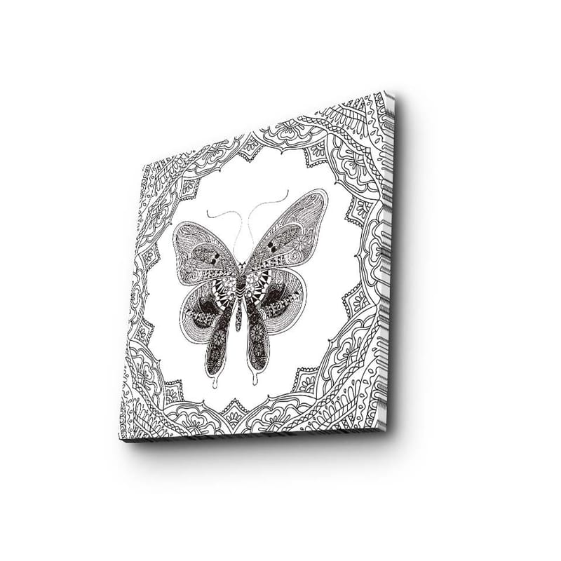 Lærredstryk 45x45 cm - Detaljeret sommerfugl i sort-hvid med ornamentale mønstre, Sort / Hvid