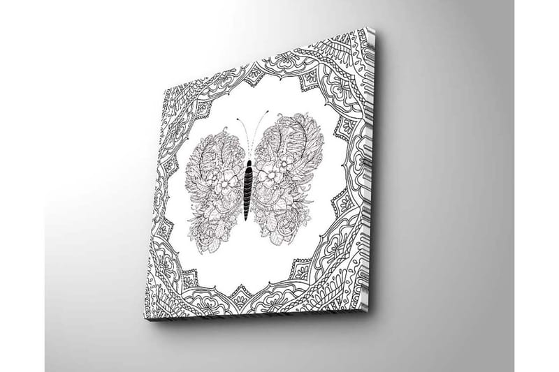Lærredstryk 45x45 cm - Detaljeret sommerfugl med blomstermønster i symmetrisk komposition - Sort / Hvid - Boligtilbehør - Billeder & kunst - Billeder på lærred