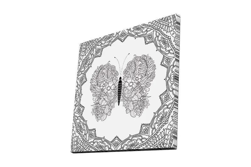 Lærredstryk 45x45 cm - Detaljeret sommerfugl med blomstermønster i symmetrisk komposition, Sort / Hvid