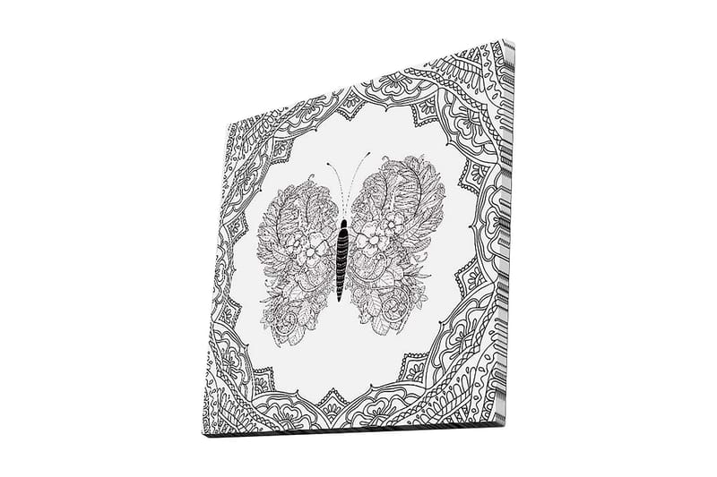 Lærredstryk 45x45 cm - Detaljeret sommerfugl med blomstermønster og ornamentik, Sort / Hvid