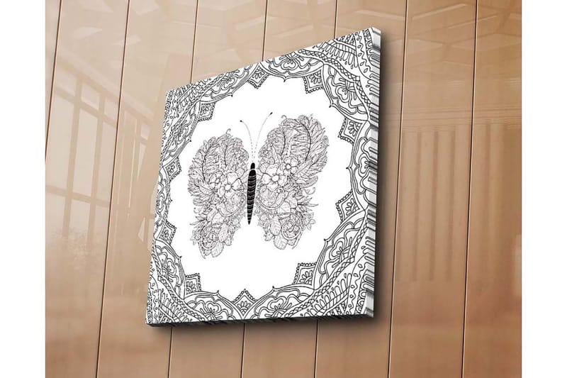 Lærredstryk 45x45 cm - Detaljeret sommerfugl med blomstermønster og ornamentik - Sort / Hvid - Boligtilbehør - Billeder & kunst - Billeder på lærred