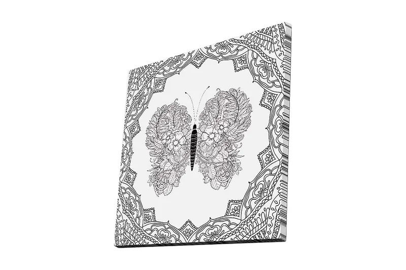 Lærredstryk 45x45 cm - Detaljeret sommerfugl med blomstermønster og ornamentik, Sort / Hvid