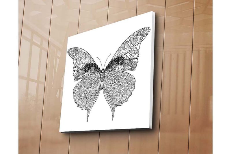 Lærredstryk 45x45 cm - Detaljeret sommerfugl med indviklede mønstre, Sort / Hvid