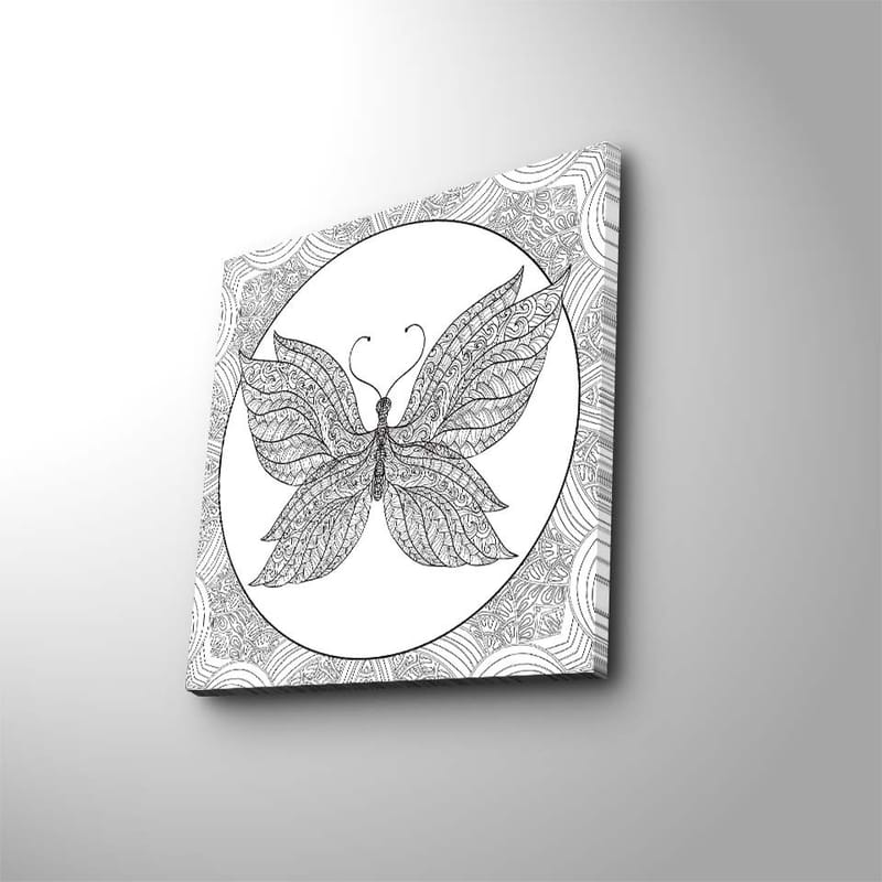 Lærredstryk 45x45 cm - Detaljeret sommerfugl med indviklede mønstre, Sort / Hvid