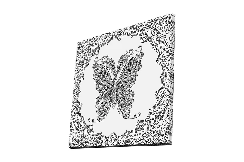 Lærredstryk 45x45 cm - Detaljeret sommerfugl med ornamentale mønstre, Sort / Hvid
