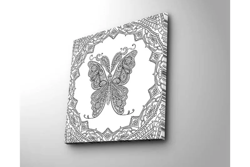 Lærredstryk 45x45 cm - Detaljeret sommerfugl med ornamentale mønstre - Sort / Hvid - Boligtilbehør - Billeder & kunst - Billeder på lærred