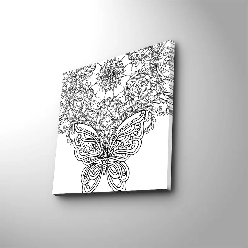 Lærredstryk 45x45 cm - Detaljeret sommerfugl omgivet af blomster og mønstre, Sort / Hvid