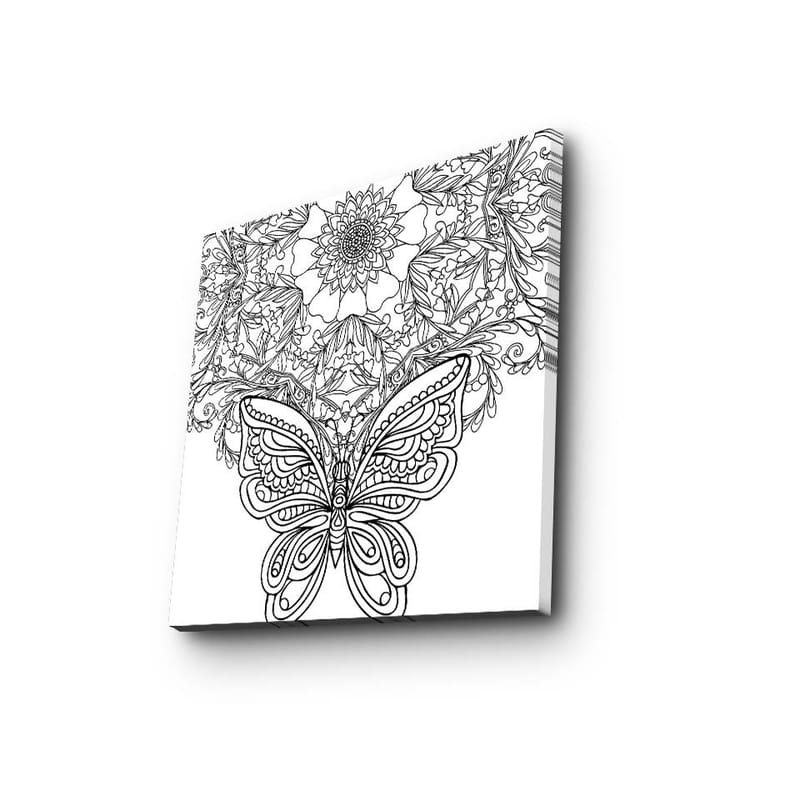 Lærredstryk 45x45 cm - Detaljeret sommerfugl omgivet af blomster og mønstre - Sort / Hvid - Boligtilbehør - Billeder & kunst - Billeder på lærred