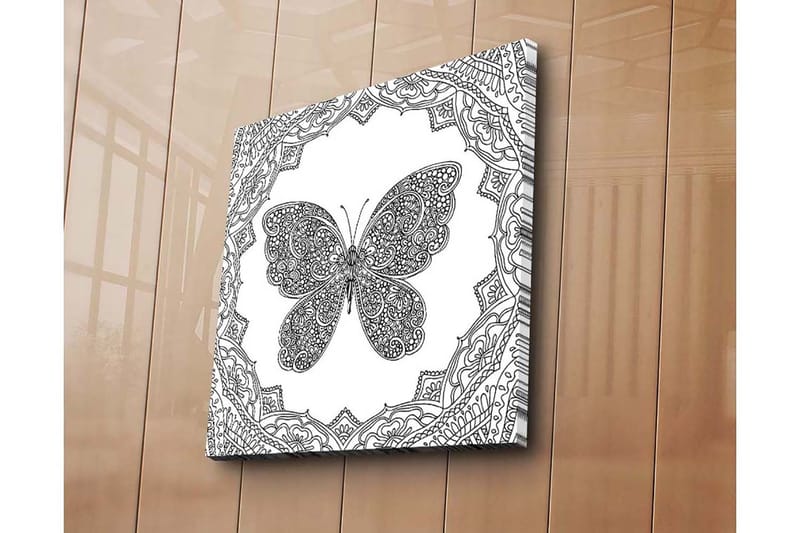 Lærredstryk 45x45 cm - Detaljeret sommerfugl omgivet af ornamentale mønstre - Sort / Hvid - Boligtilbehør - Billeder & kunst - Billeder på lærred