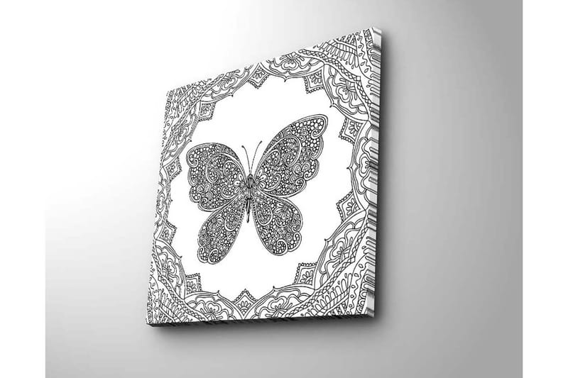 Lærredstryk 45x45 cm - Detaljeret sommerfugl omgivet af ornamentale mønstre - Sort / Hvid - Boligtilbehør - Billeder & kunst - Billeder på lærred