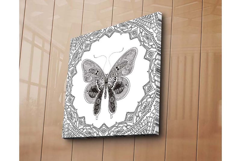 Lærredstryk 45x45 cm - Detaljeret sommerfugl omgivet af ornamentale mønstre, Sort / Hvid