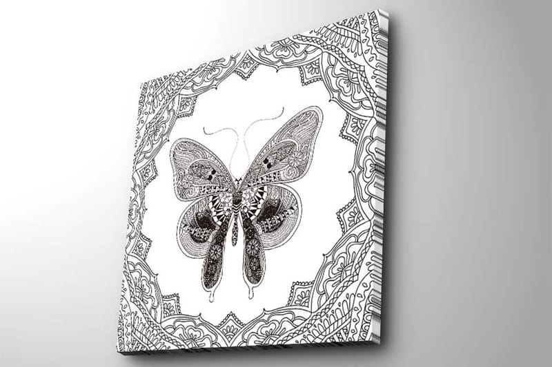 Lærredstryk 45x45 cm - Detaljeret sommerfugl omgivet af ornamentale mønstre - Sort / Hvid - Boligtilbehør - Billeder & kunst - Billeder på lærred