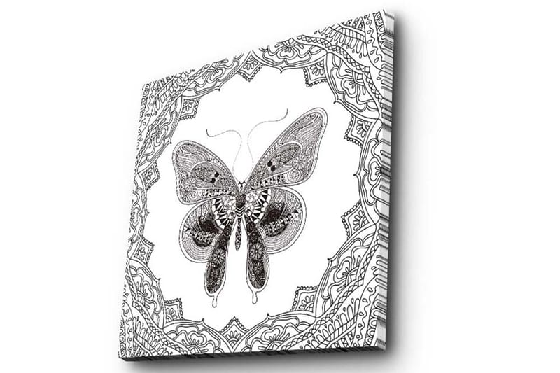 Lærredstryk 45x45 cm - Detaljeret sommerfugl omgivet af ornamentale mønstre - Sort / Hvid - Boligtilbehør - Billeder & kunst - Billeder på lærred