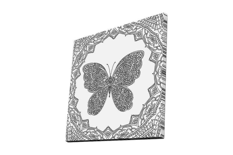 Lærredstryk 45x45 cm - Detaljeret sommerfugl omgivet af ornamentale mønstre, Sort / Hvid