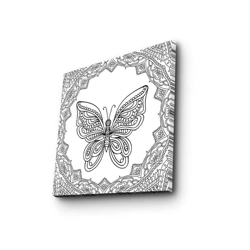 Lærredstryk 45x45 cm - Detaljeret sommerfugl omgivet af ornamentale mønstre, Sort / Hvid